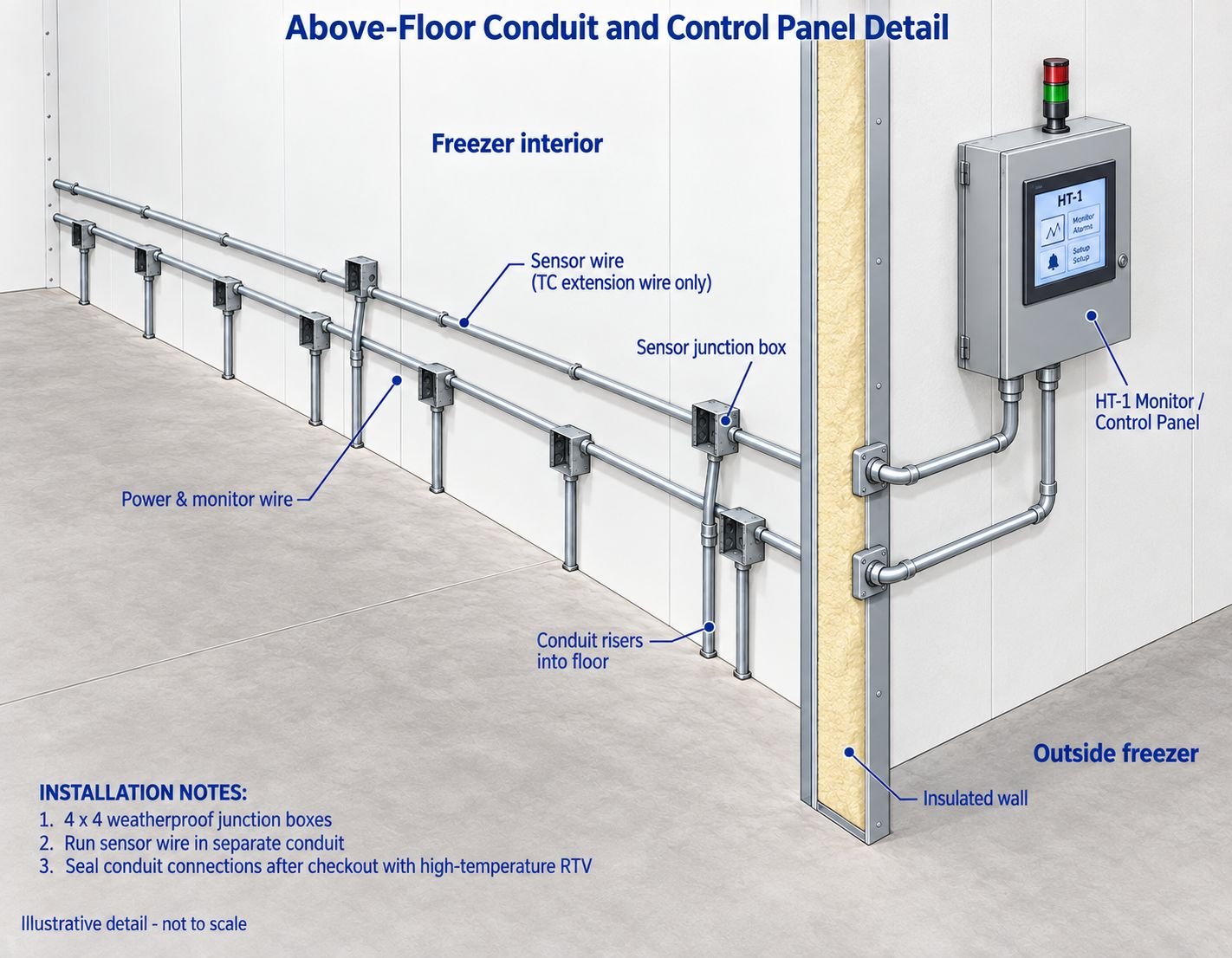 Illustration of conduit and junction box routing on a freezer wall