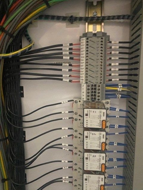 Labeled field terminal strip and interface relays in the control panel