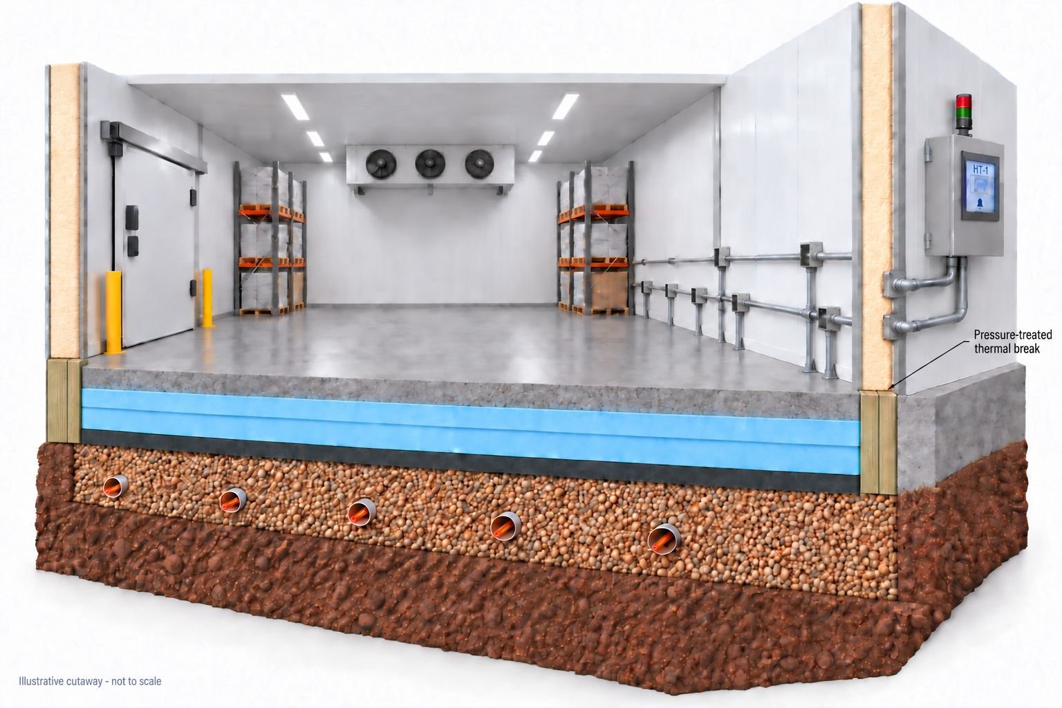 Cutaway of a freezer building showing heat cable conduits in the aggregate base below the floor insulation, with the control panel mounted outside the freezer wall