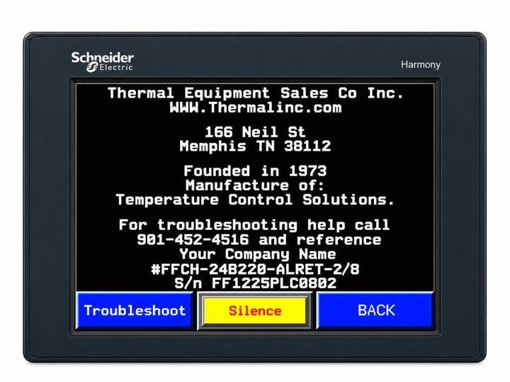 About Us screen with contact information, panel part number and serial number