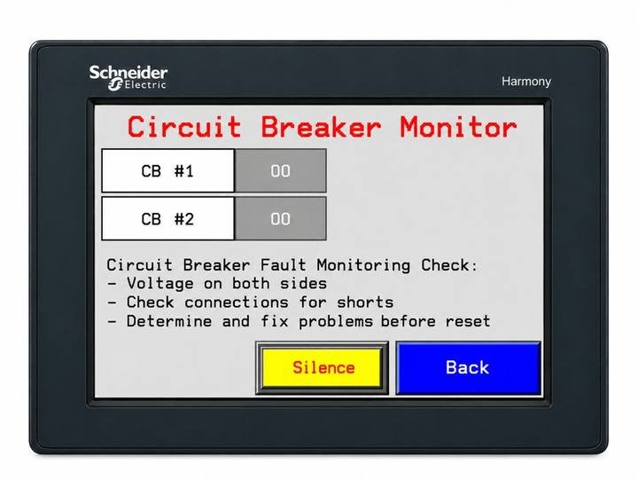 Circuit Breaker Monitor screen with fault counts and breaker check list