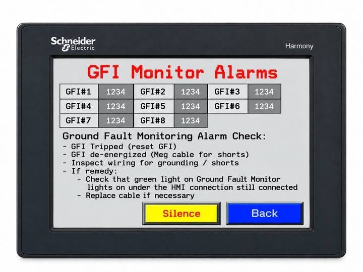 GFI Monitor Alarms screen with fault counts and ground fault check list