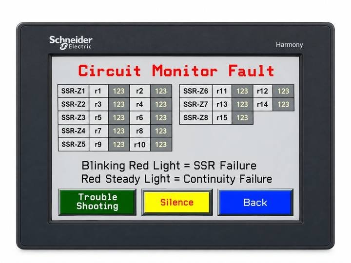 Circuit Monitor Fault screen listing SSRs and end-of-run relays with fault counts