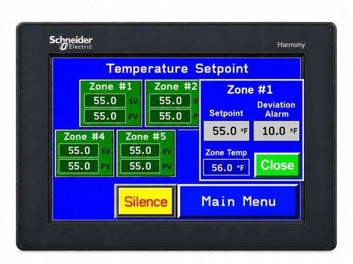 Temperature Setpoint screen with the Zone 1 setup window showing setpoint, deviation alarm and zone temperature