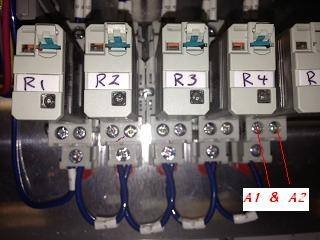 Monitor relays R1 to R4 with terminals A1 and A2 marked