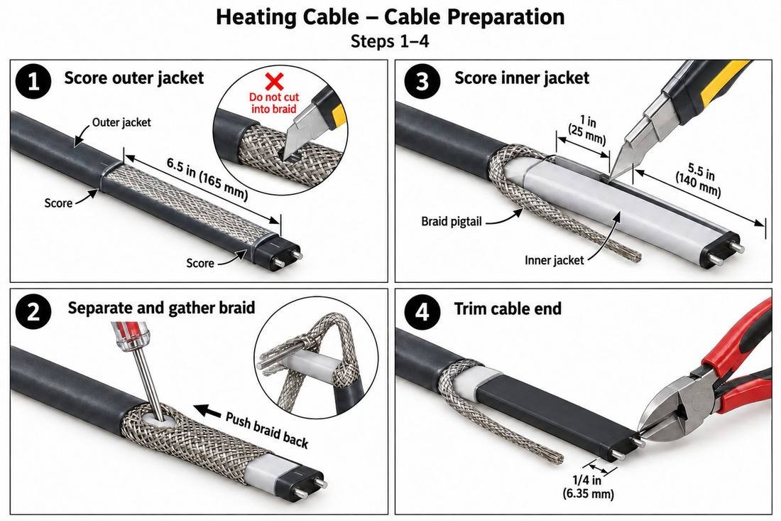 Cable preparation steps 1 to 4: score outer jacket, gather braid, score inner jacket, trim end