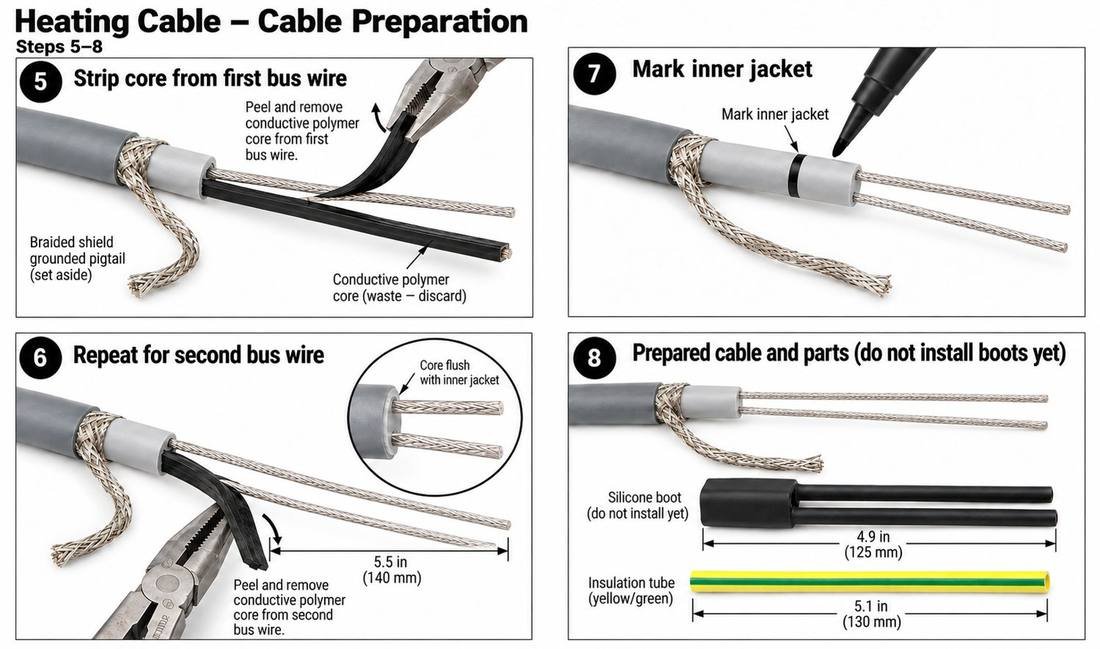 Cable preparation steps 5 to 8: strip conductive core from both bus wires, mark inner jacket, lay out boot and insulation tube