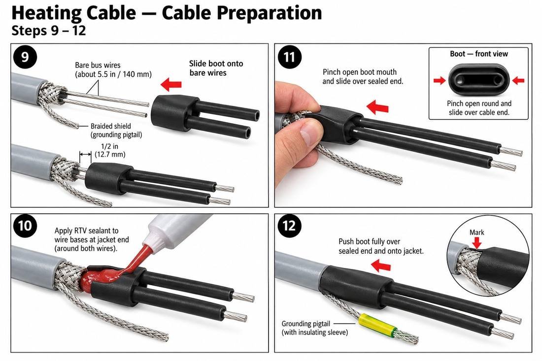 Cable preparation steps 9 to 12: slide boot on, apply RTV sealant, push boot over sealed end, sleeve the ground pigtail