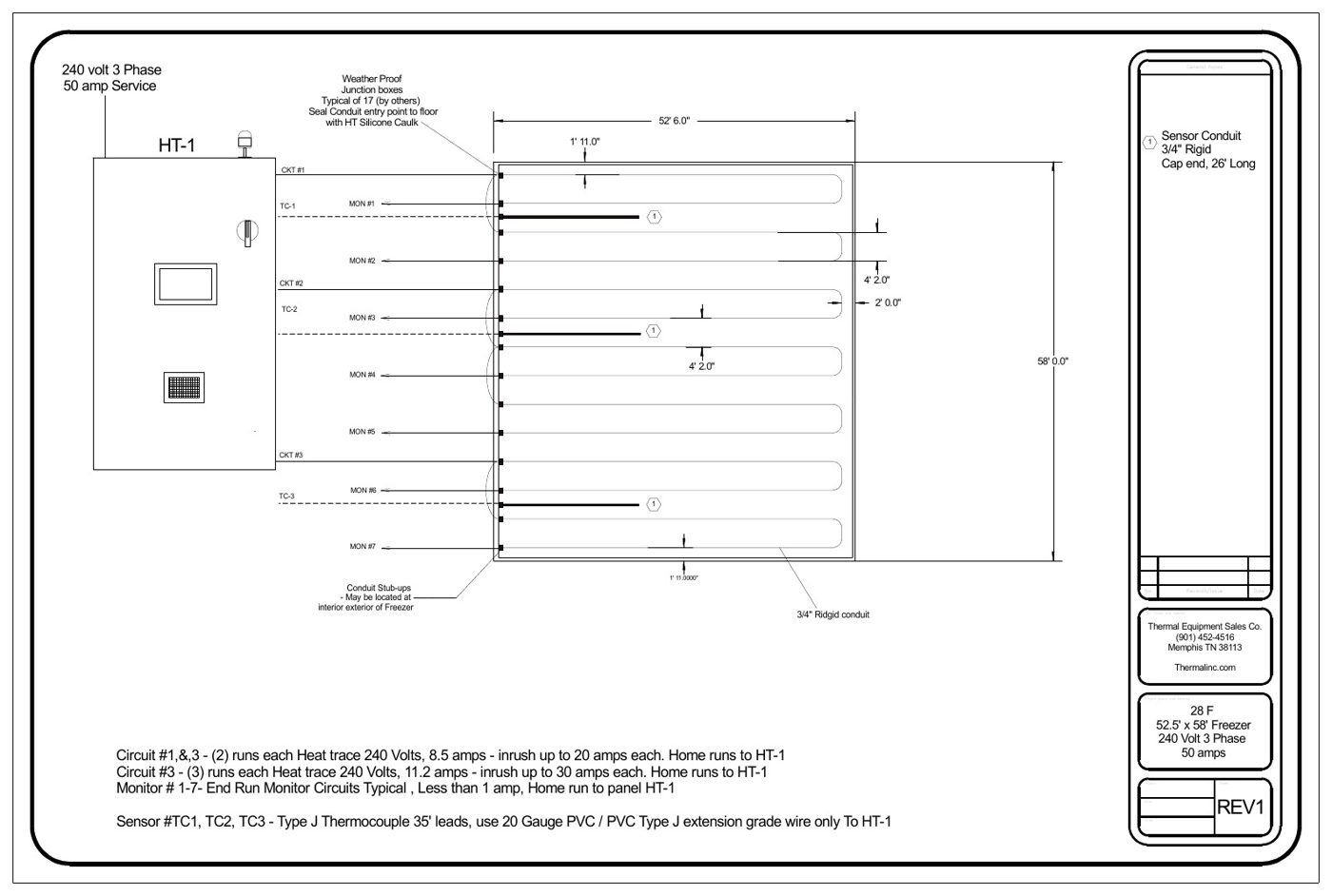 Typical conduit layout drawing for a 52 by 58 foot freezer